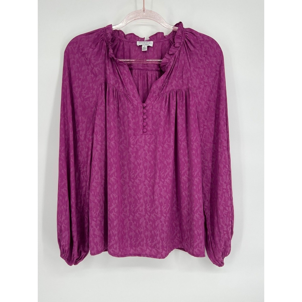 Current Air Ruffle Neck Blouse Long Sleeve Button Front Top Purple Size S